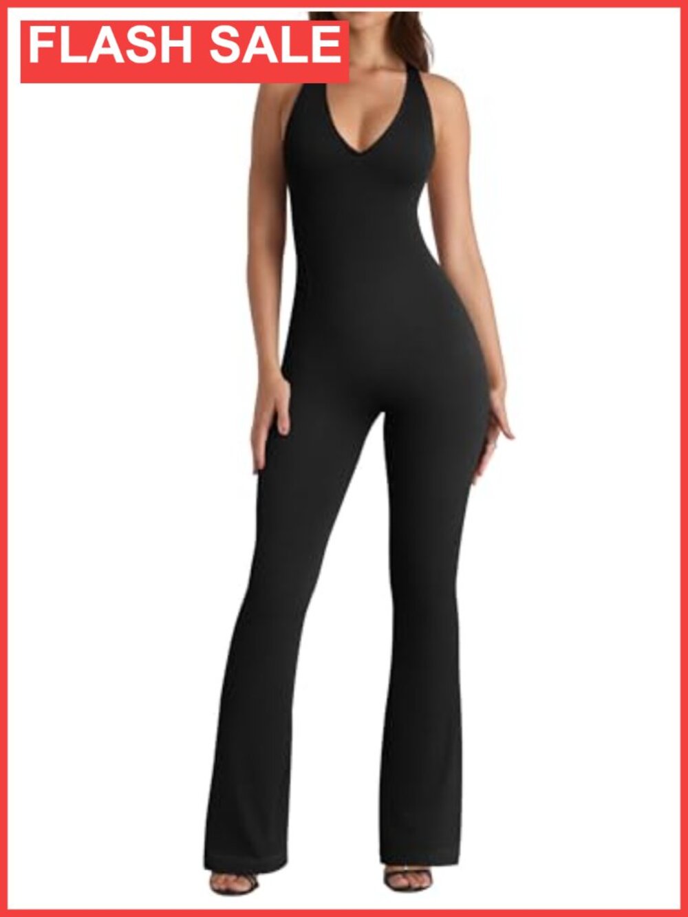 OQQ Halterneck Lace-Trim Flared Jumpsuit Nylon Spandex